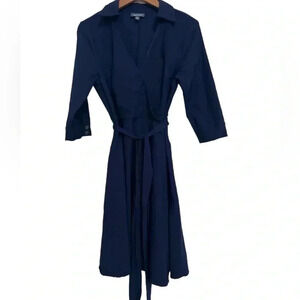 ModCloth Navy Blue 3/4 Sleeve Wrap Shirt Dress w/Pockets Belt Tie Size Large